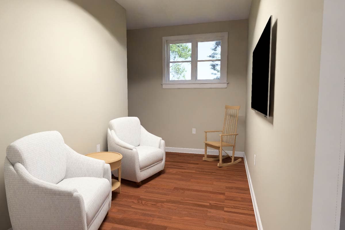 Interior rendering of a sitting area with two armchairs, a rocking chair, side table, and television on the wall.