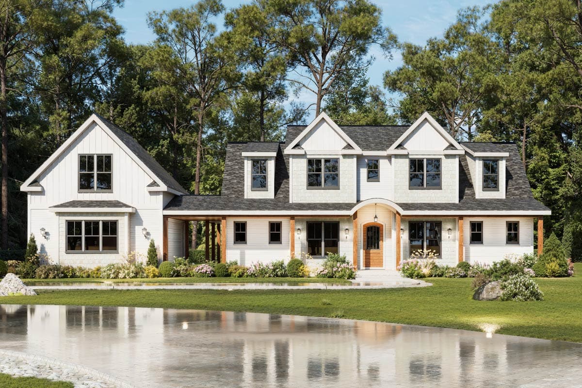 Modern Farmhouse house plan exterior with two stories, prominent gables, dormers, and a covered porch.