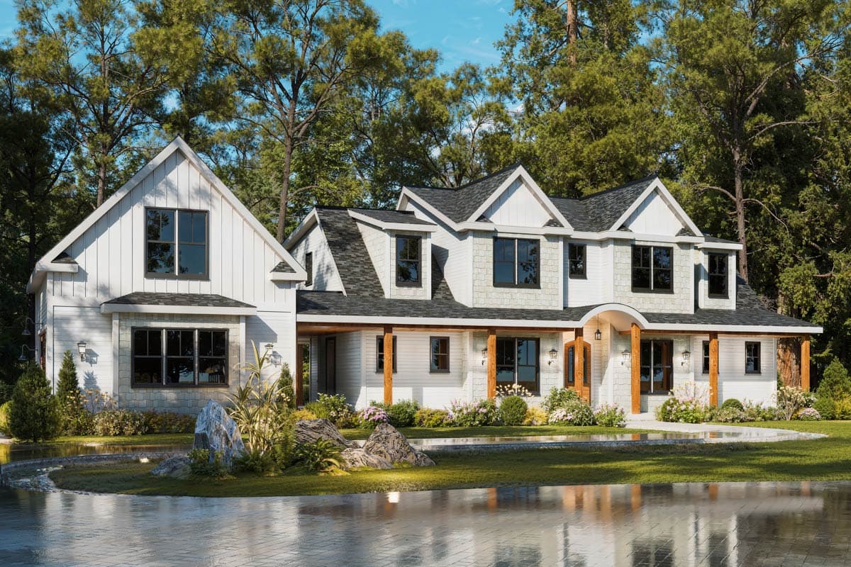 Modern Farmhouse house plan exterior with board-and-batten siding, gables, dormers, and a covered porch supported by wooden posts.