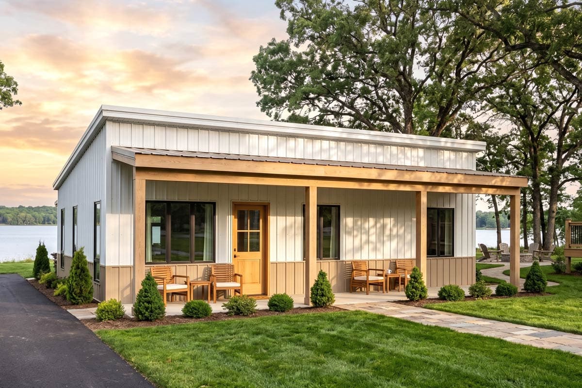 House plan exterior: One-story modern design with a covered porch, vertical siding, wood accents, and dark-framed windows.
