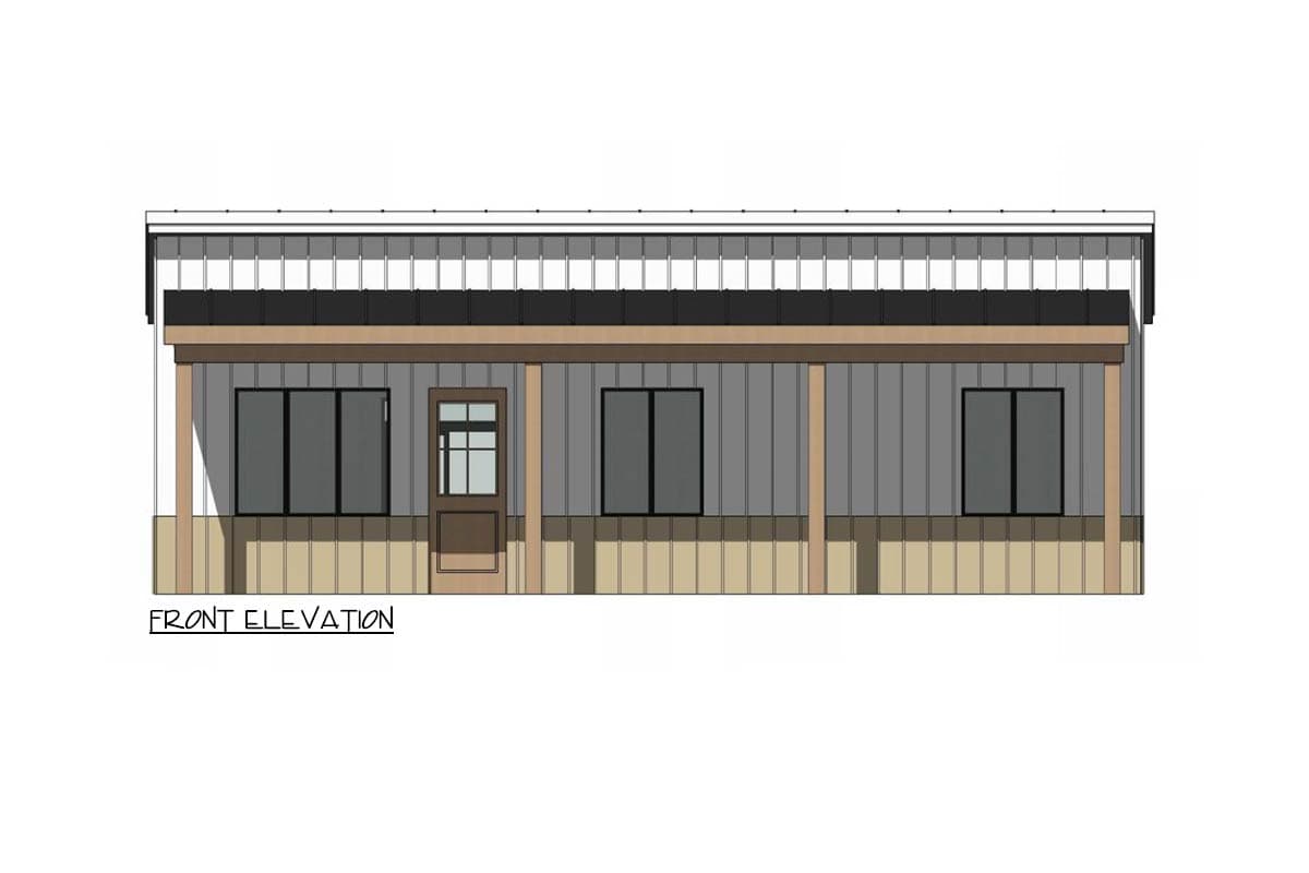 Front elevation drawing of a house with a covered porch, central door, and three windows.
