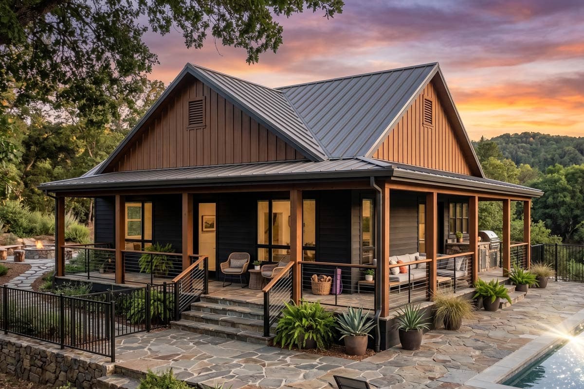 House plan exterior of a modern farmhouse style home with a large wraparound porch, gabled roof, and wood siding.