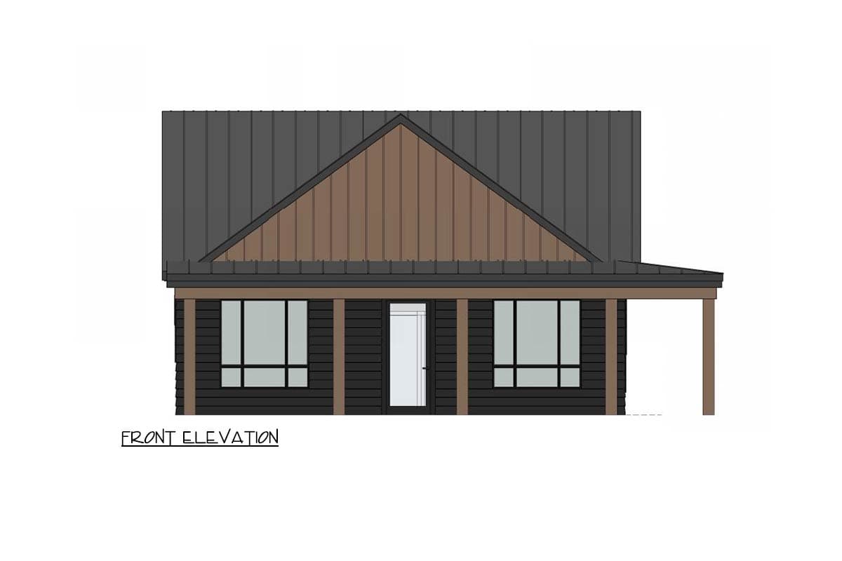 Front elevation drawing of a modern house plan with dark horizontal siding, a metal roof, and a covered entryway with support posts.