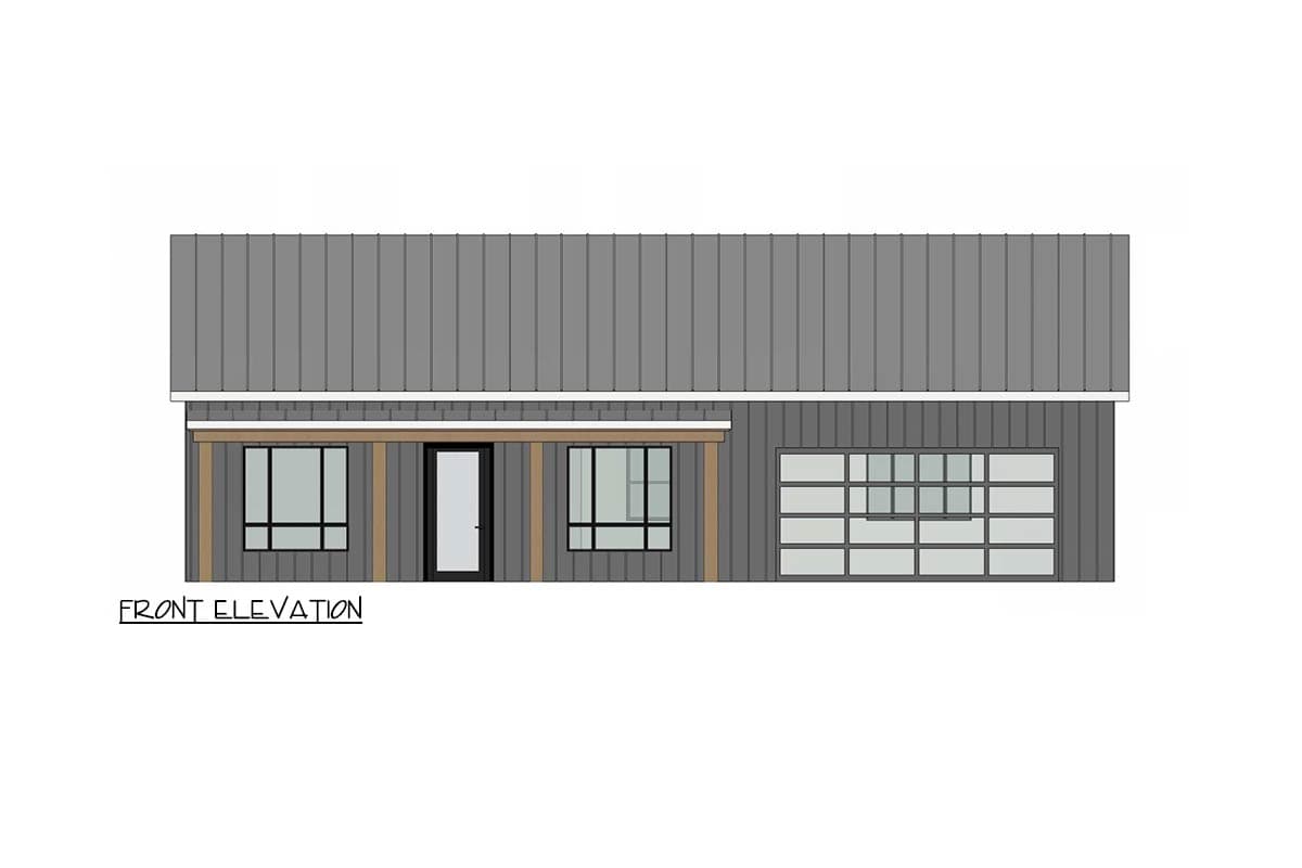 Front elevation drawing showing a single-story house with a metal roof, wood-trimmed entry, windows, and a multi-pane garage door.