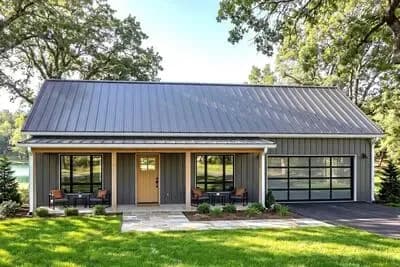 Compact New American Barndominium House Plan with Two-Car Garage