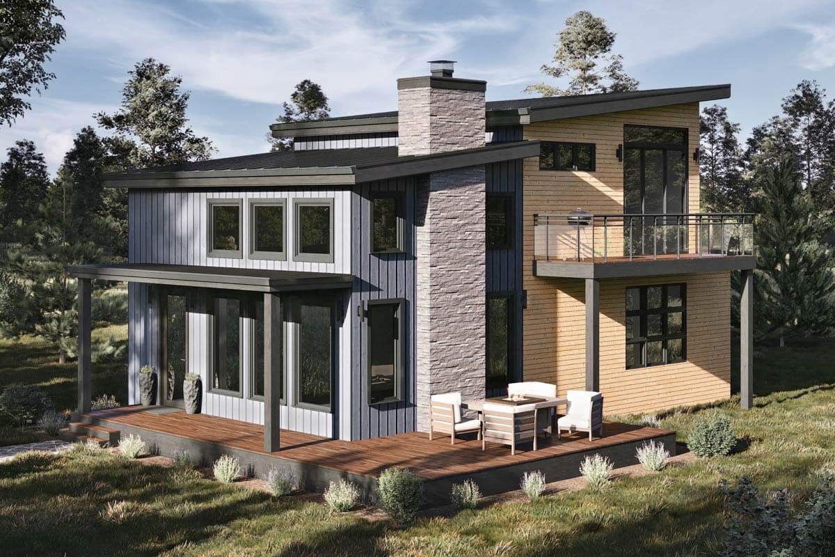 Modern house plan exterior with stone chimney, wood siding, metal roof, multiple gables, and wraparound deck.