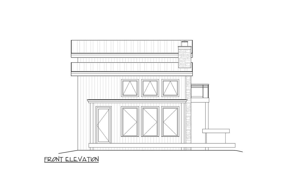 Front elevation drawing of a house with a stone chimney, a covered porch, and multiple windows.