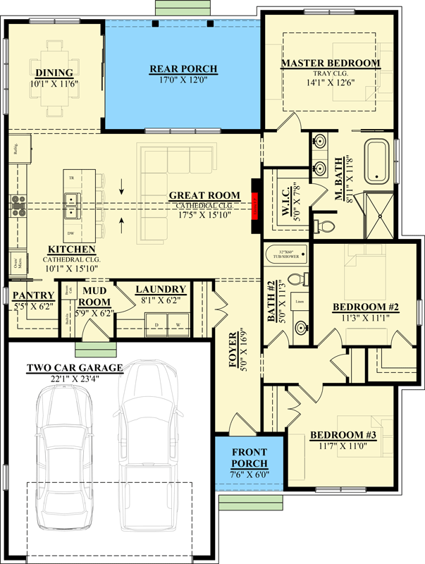 Plan 930000TLR: 3-Bed New American Home Plan with Open Layout and Rear Porch - Floor Plan - Image #3 - Country, New American, Ranch, Traditional
