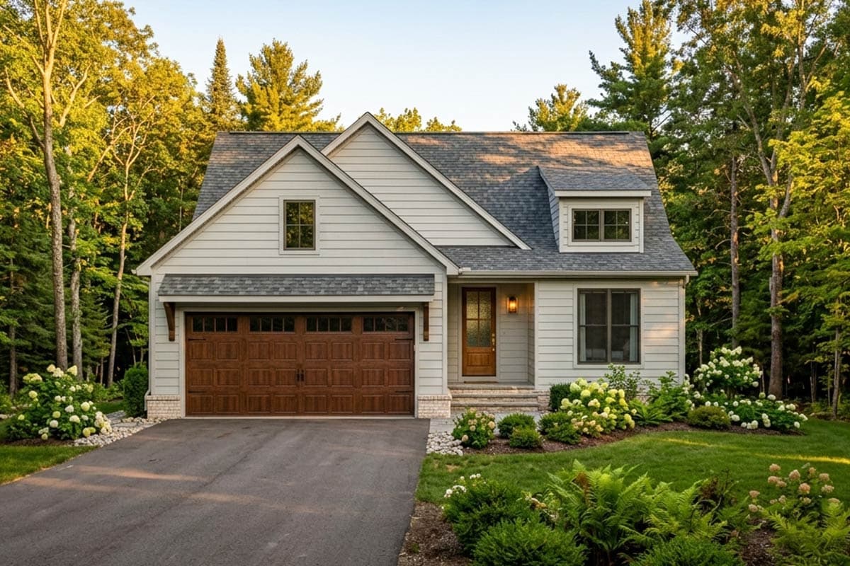 House plan exterior, two-story, gable roof, dormer, attached garage with wood doors.