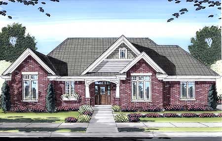 House plan exterior: One-story brick home with gabled dormer, covered entry with arched supports, and wide windows.