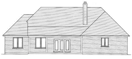 House plan exterior drawing showing a brick facade with multiple windows and double doors, featuring a prominent pitched roof and chimney.