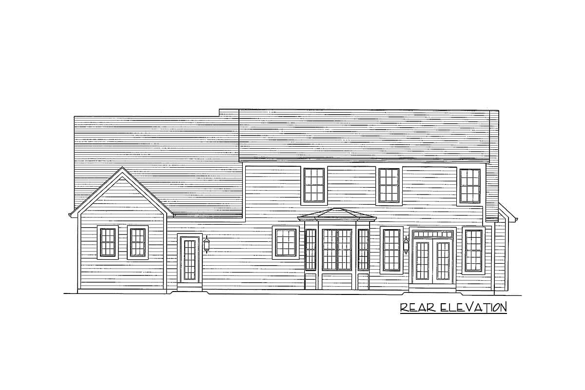 Rear elevation drawing of a two-story house plan with a gable roof, bay window, and double doors.