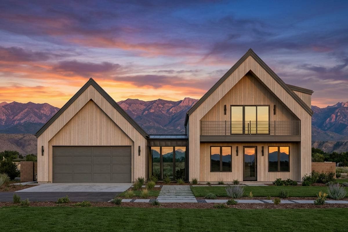 Modern house plan exterior with gabled rooflines, a two-car garage, and a second-story balcony.