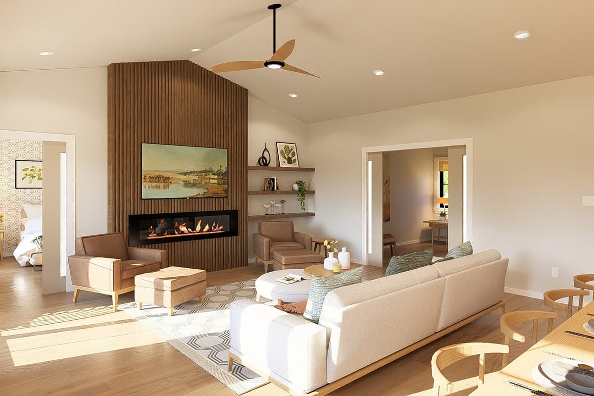 Living room rendering with sloped ceiling, wood slat accent wall with fireplace and TV, and seating area.