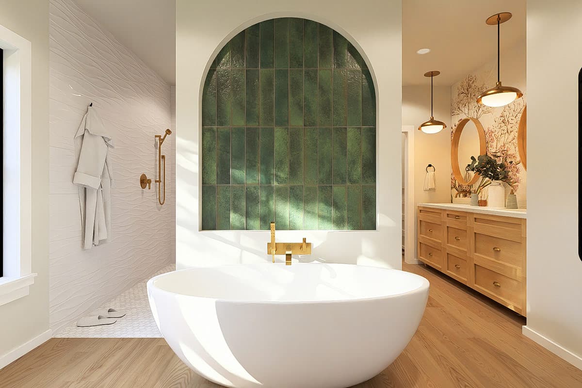 Modern bathroom with freestanding tub, textured shower walls, arched green tiled niche, and wooden vanity with dual mirrors.
