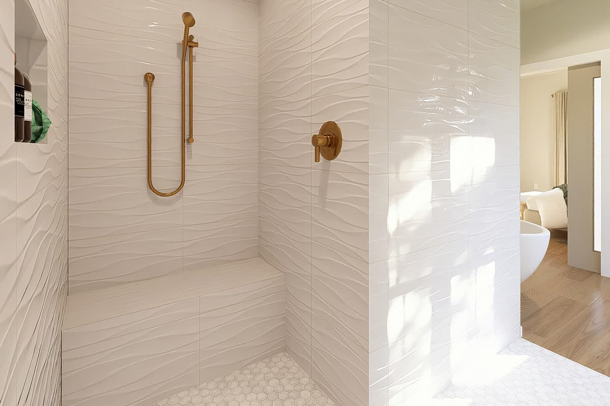 Modern shower with white wave tile walls, built-in bench, gold fixtures, and hexagonal floor tile.