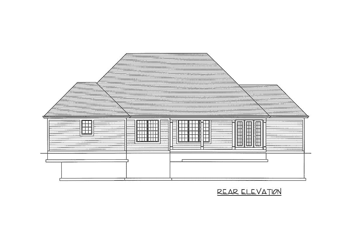 Rear elevation house plan showing a single-story structure with a hip roof, multiple windows, and double doors opening to a porch.