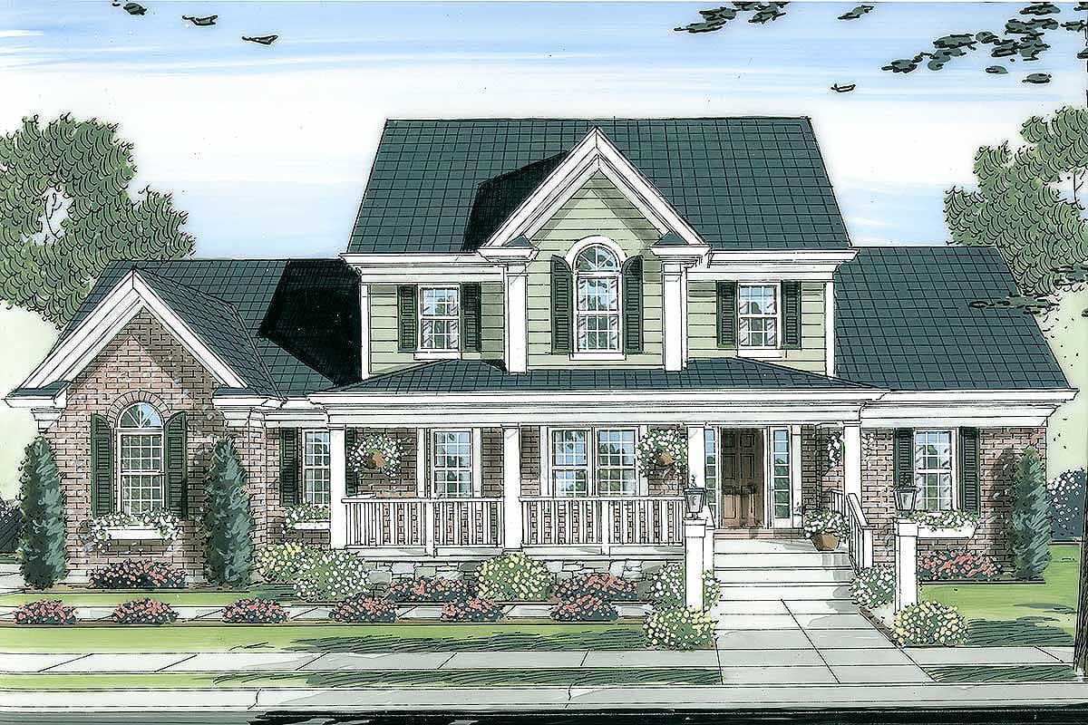 House plan exterior. Two-story Colonial with a front porch, gables, and dormers. Features include brick and siding with multiple windows and shutters.
