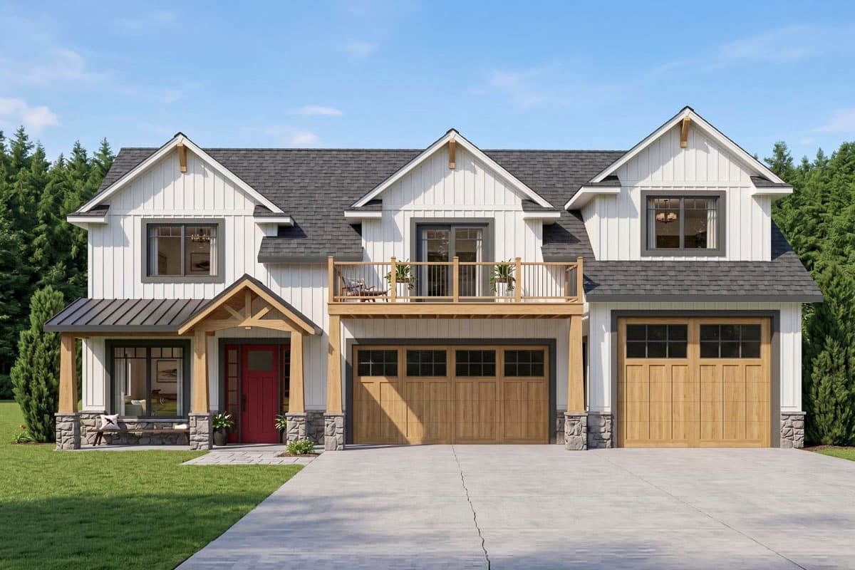 Modern Farmhouse house plan exterior, two stories, with gabled dormers, a covered entry, and a second-story balcony.