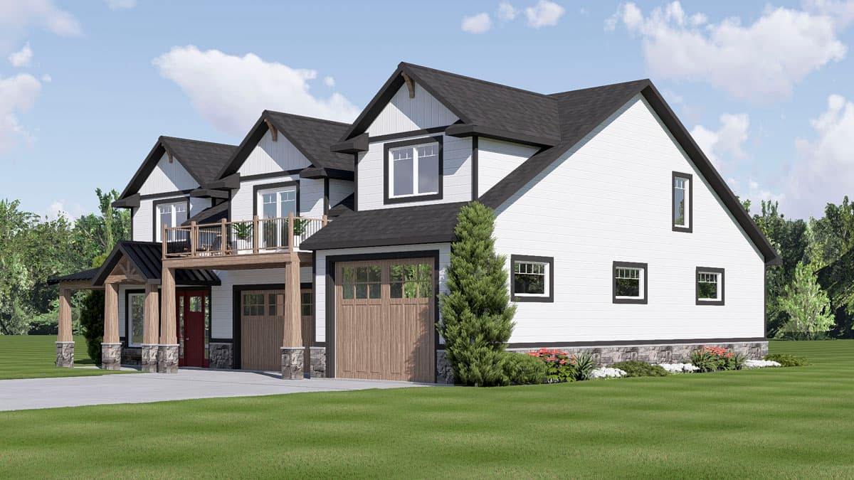 Modern Farmhouse house plan exterior, two stories, with multiple gables, a second-story balcony, and a side-facing garage.