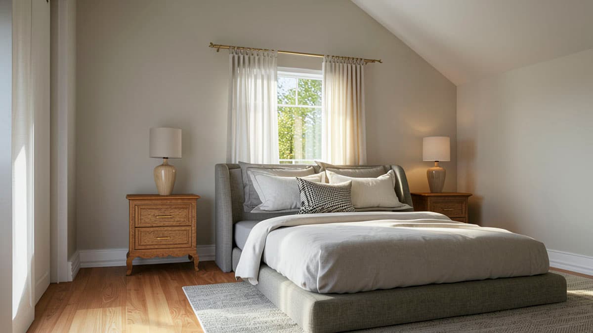 Bedroom rendering with vaulted ceiling, king bed, nightstands with lamps, and large window with white curtains.