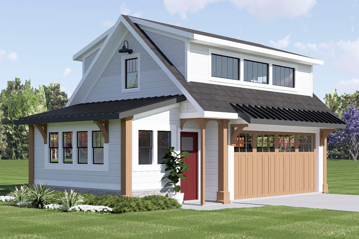 Modern Farmhouse house plan exterior with gables, prominent dormer, and attached two-car garage.