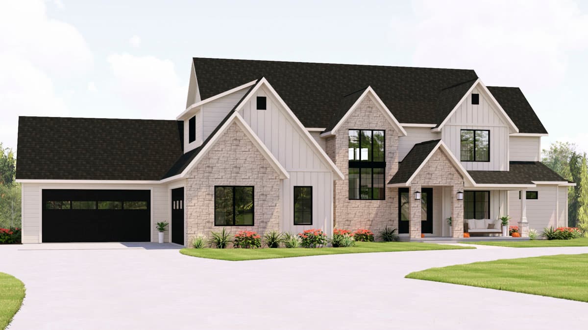 Modern Farmhouse house plan exterior with stone accents, gabled dormers, and attached two-car garage.