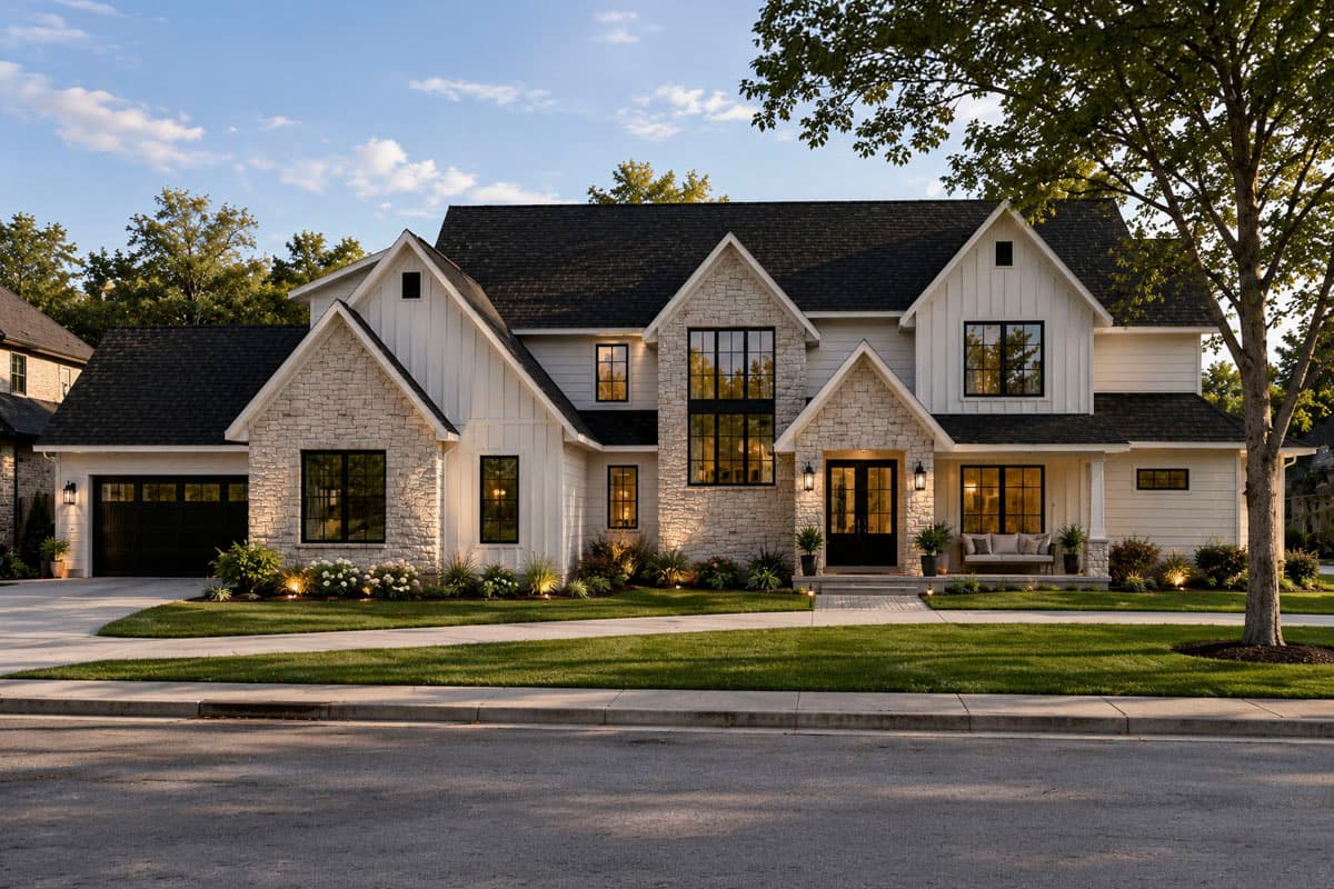 Modern Farmhouse house plan exterior with stone accents, white board-and-batten siding, multiple gables, and a three-car garage.