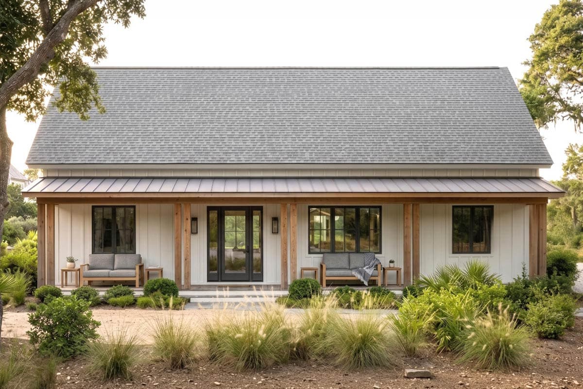 Modern farmhouse house plan exterior with a wide covered porch, board-and-batten siding, and large black-framed windows.
