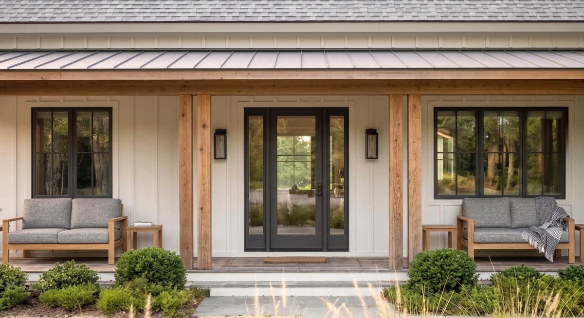 Modern Farmhouse house plan exterior with a covered porch, double front doors, and large windows.
