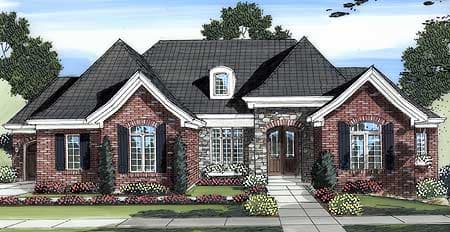 House plan exterior for a one-story home with a brick facade, arched entryway, prominent gables, and a dormer.
