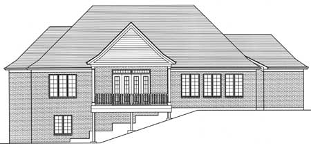 House plan elevation drawing of a rear view. Features a prominent gable, deck with double doors, and multiple windows.