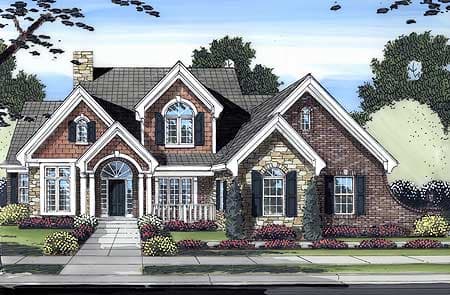 House plan exterior: Two-story home with stone and brick facade, prominent gables, arched entryway, and porch.