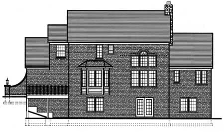 House plan side elevation showing a multi-story building with bay window, balcony, double doors, and dormer window.