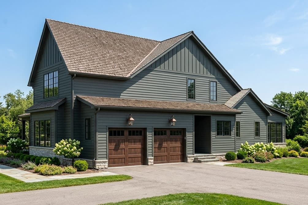 House plan exterior: Modern farmhouse style, two stories, with a prominent gable, wood siding, shake roof, and a three-car garage.