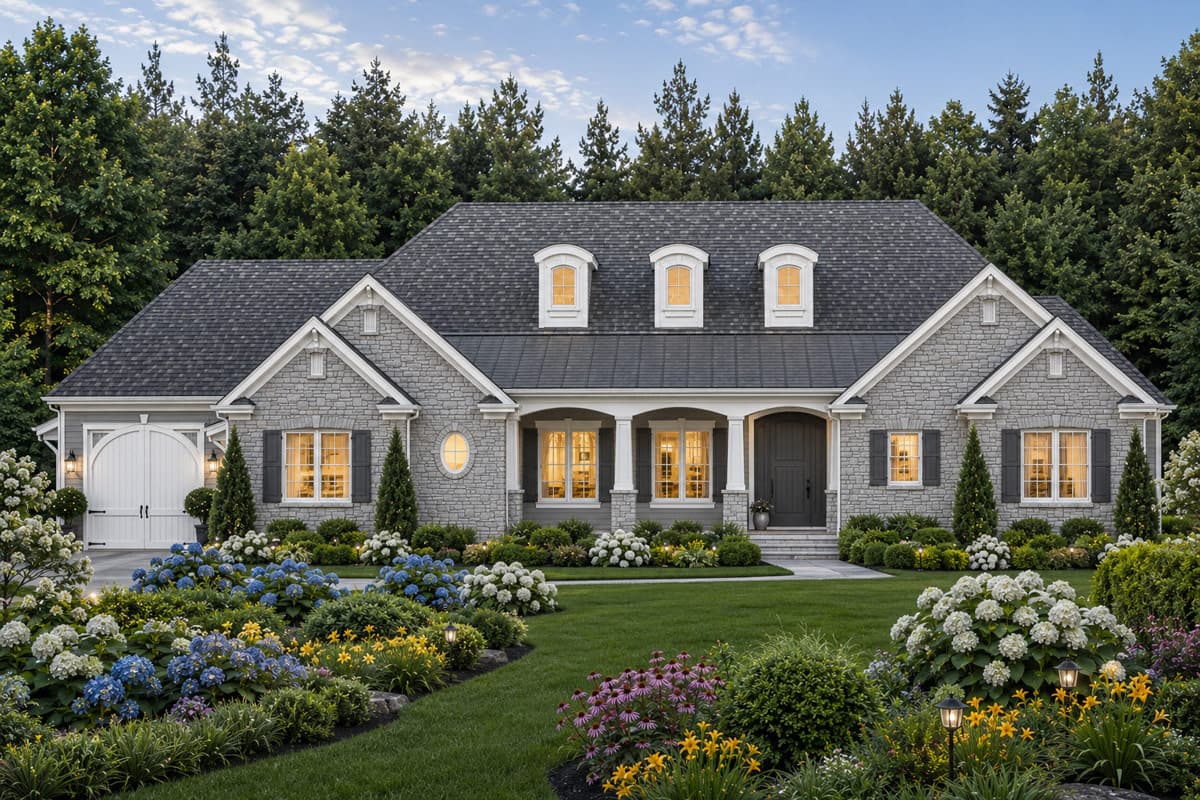 House plan exterior: one-story stone home with arched garage door, dormers, gabled rooflines, and covered entry.