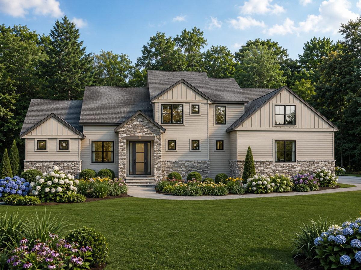 Two-story Modern Farmhouse exterior with stone accents, multiple gables, and large windows.