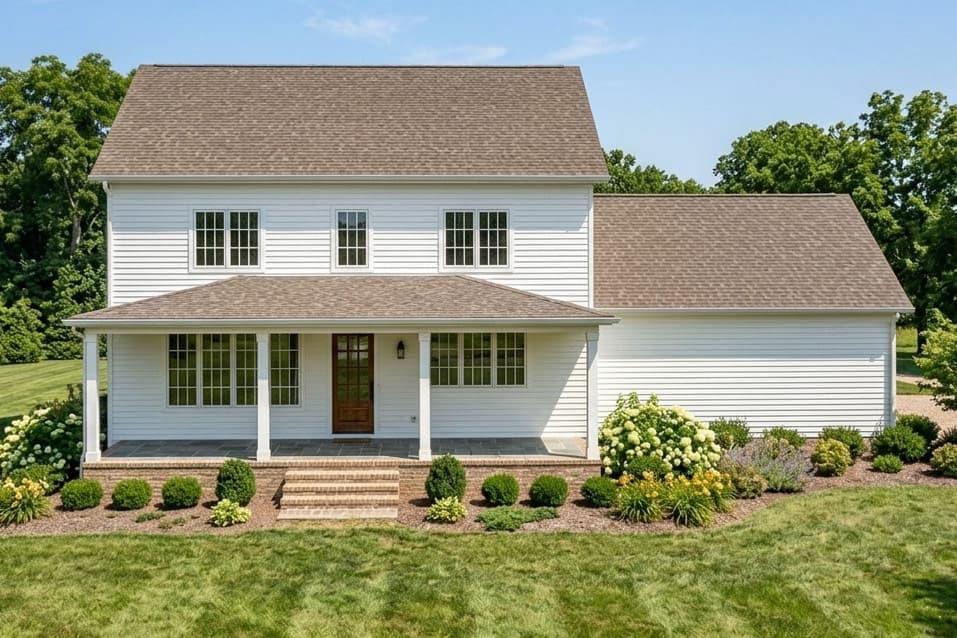 Two-story house plan rear exterior with a covered front porch, gabled rooflines, and horizontal siding.