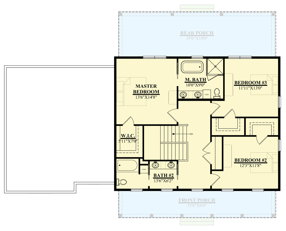 Plan 930002TLR: Three Bedroom Traditional Farmhouse House Plan with Inviting Front Porch - Floor Plan - 2nd Level - Colonial, Country, Farmhouse, Traditional