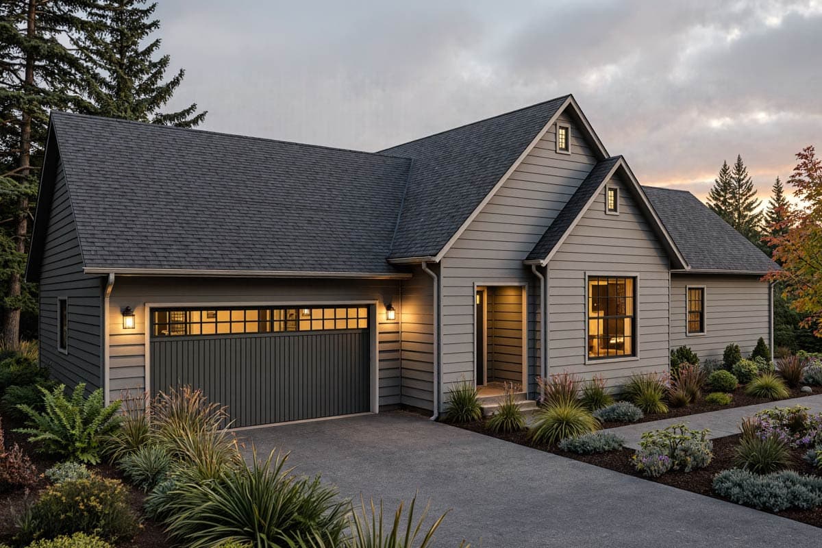 House plan exterior: Modern Farmhouse style, one story, with a side-entry garage, gabled dormers, and a covered entryway.
