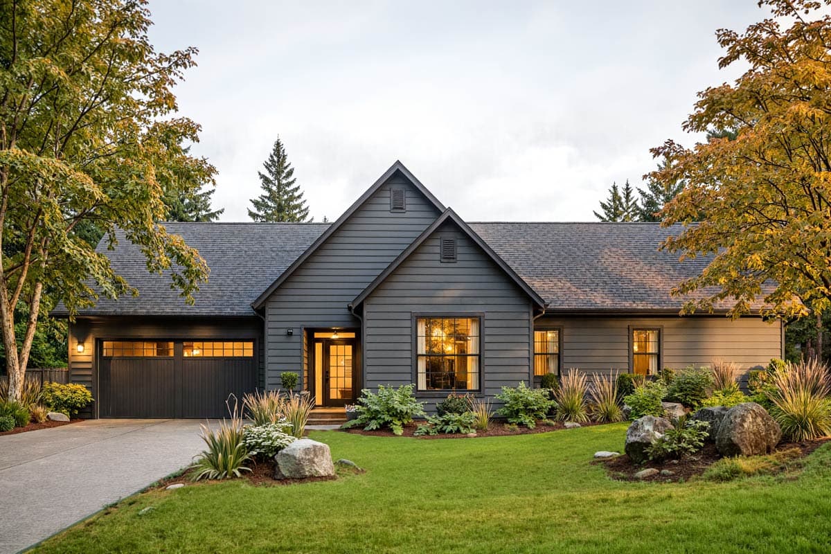 Ranch house plan exterior with a prominent gable, dark siding, and a side-facing garage.