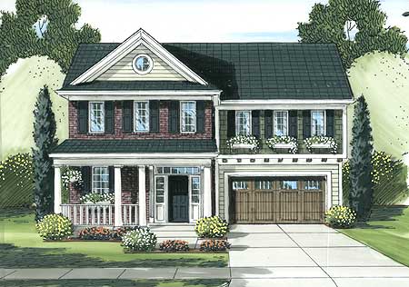 House plan exterior: two-story, gabled roof, front porch with columns, dormer window and attached garage.