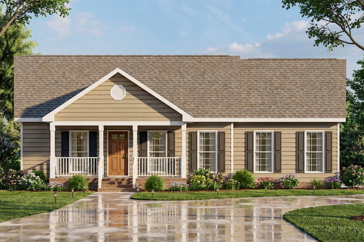 One-story house plan exterior with a prominent gable, covered front porch with white railings, and multiple double-hung windows.