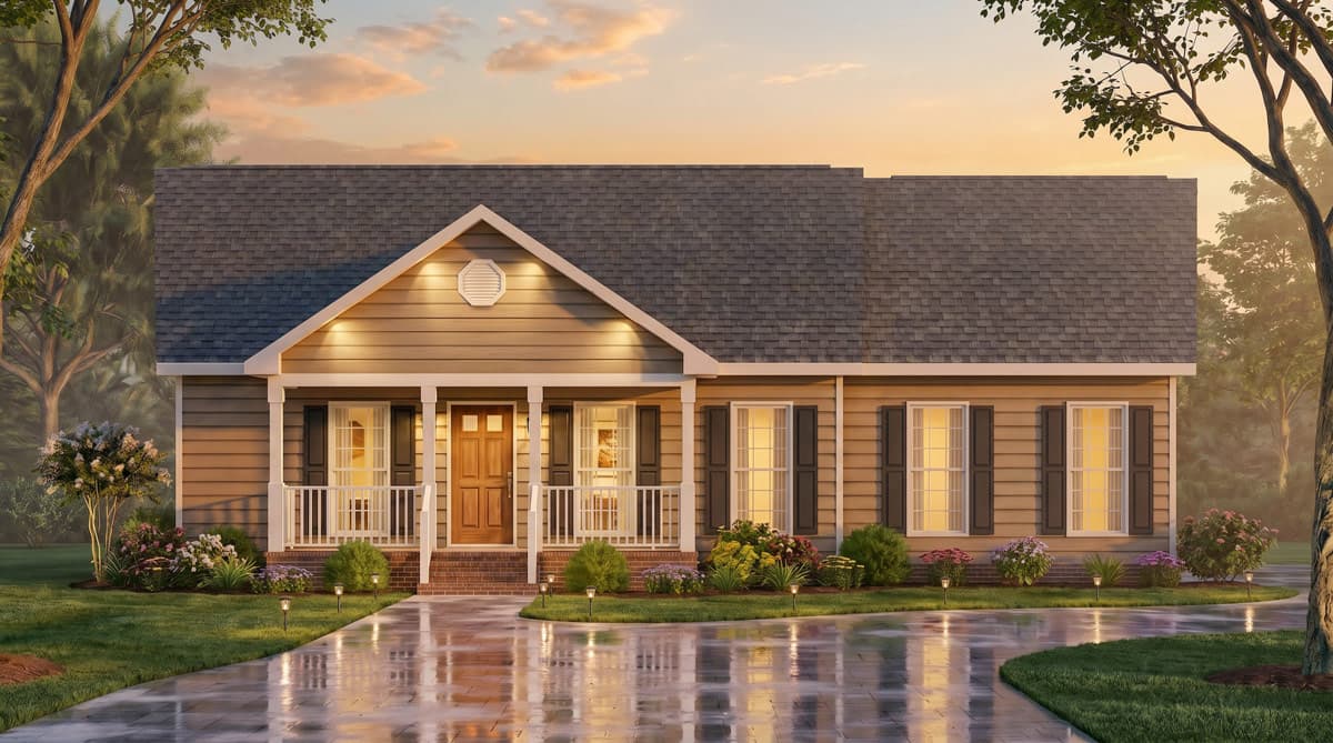 House plan exterior: Ranch style, single story, with covered front porch, gable, and dormer windows.