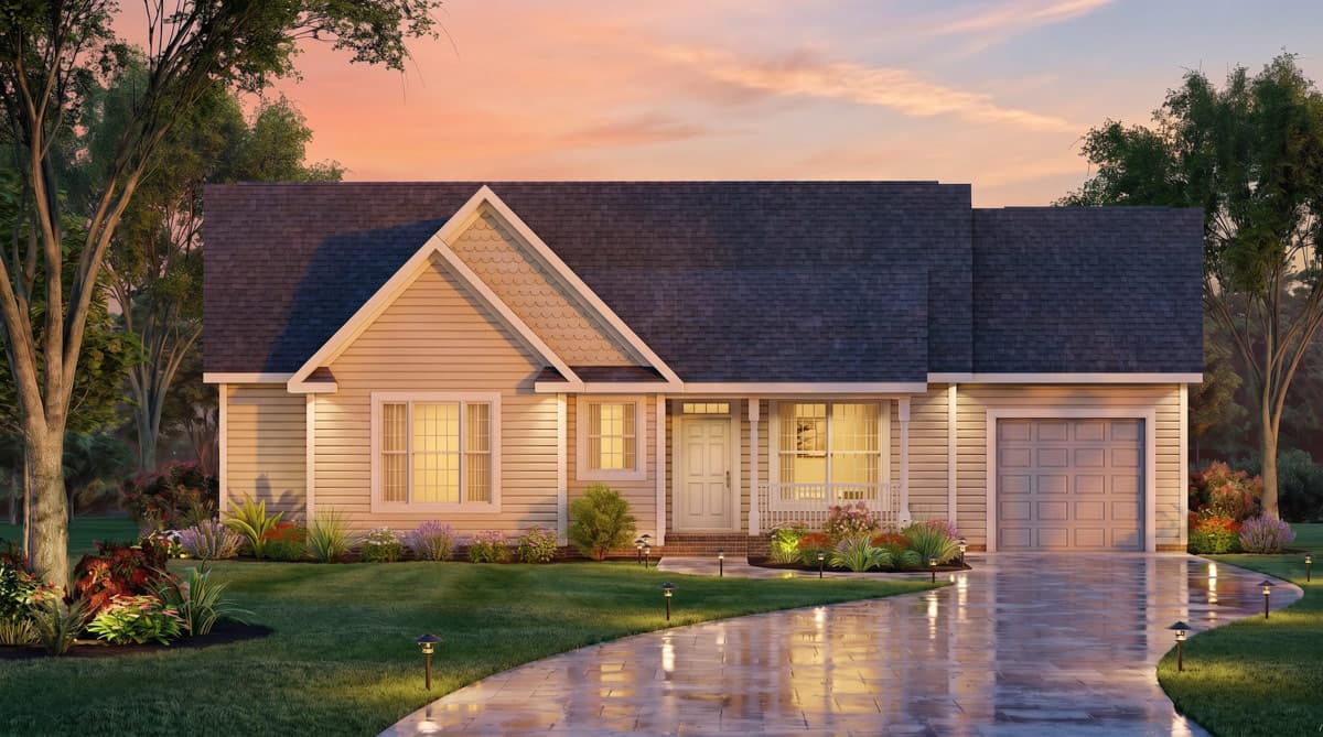 House plan exterior: One-story ranch with gabled entrance, covered porch, and attached garage. Vinyl siding and dark roof.