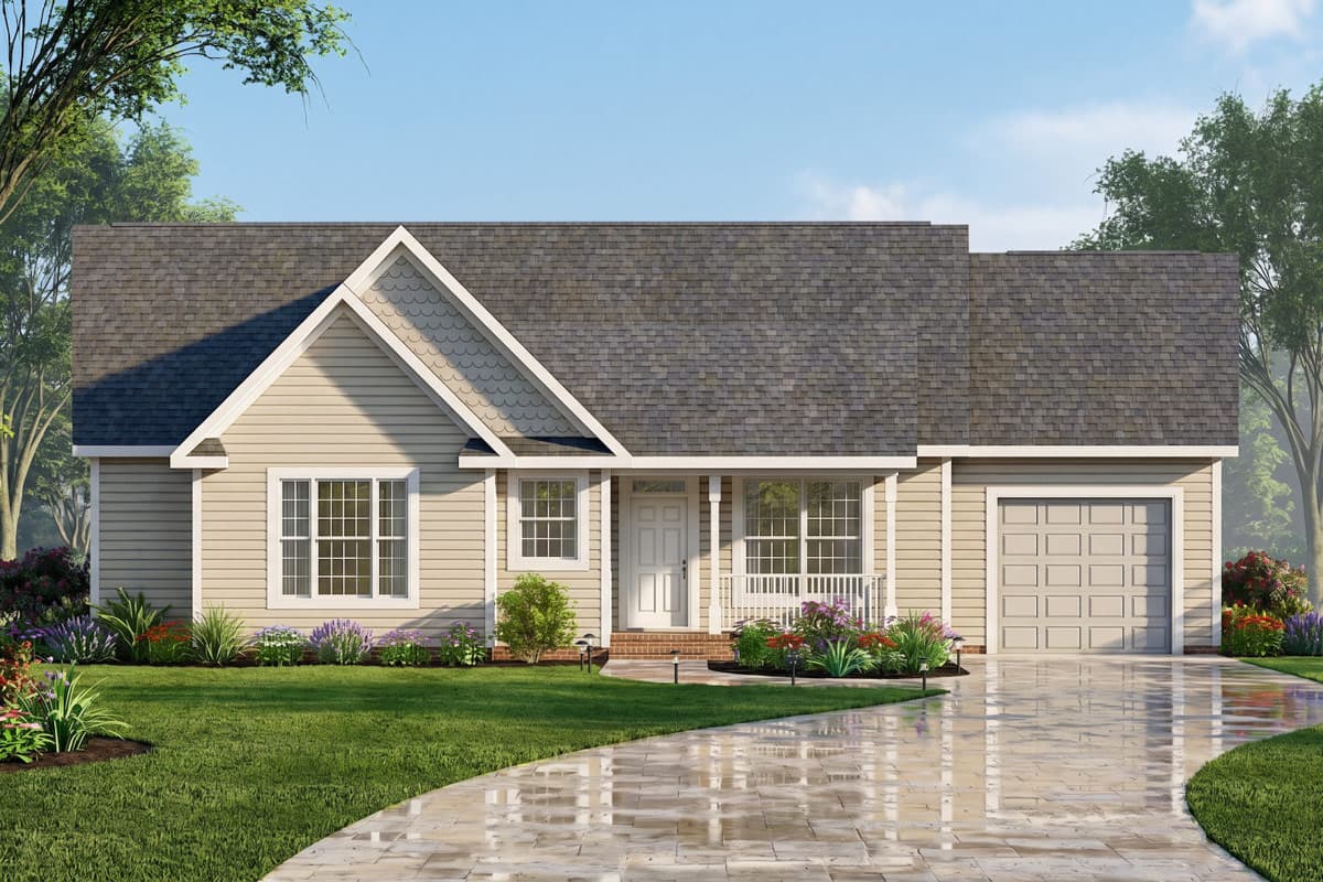 House plan exterior of a one-story ranch home with a gabled front entrance, covered porch, and attached garage.