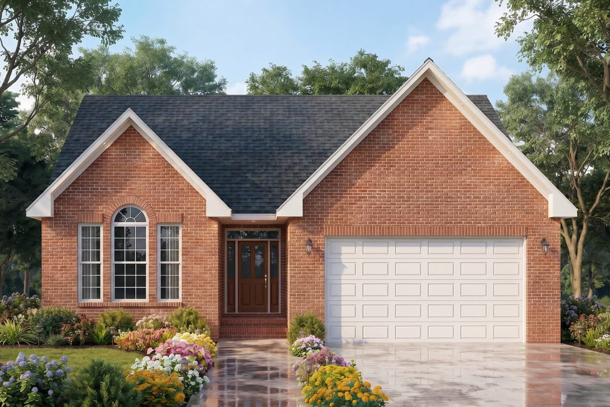 House plan exterior: Brick ranch with a central entry, arched window, and attached two-car garage.