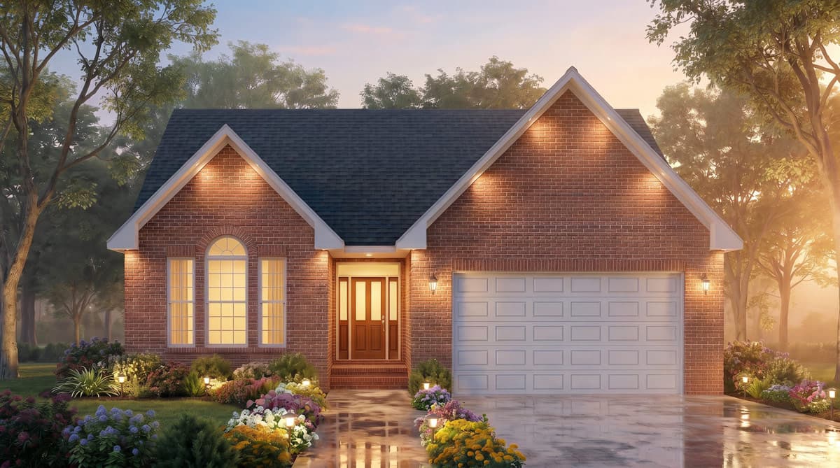 House plan exterior: One-story brick home with a central gable, arched window, front entry, and attached garage.