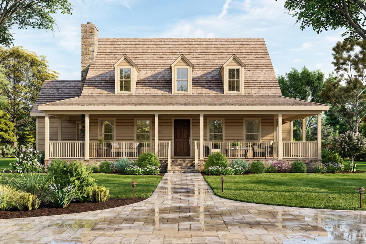 House plan exterior: Two-story cottage with full-length porch, three dormers, and a stone chimney.