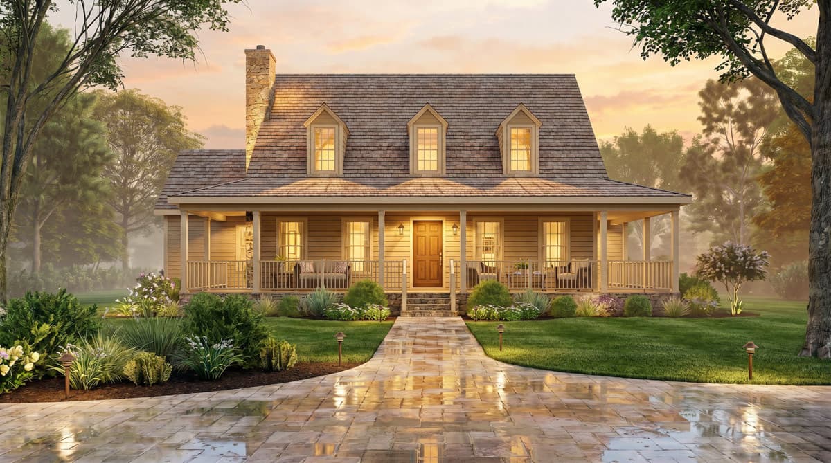 House plan exterior: two-story Modern Farmhouse with wraparound porch, three dormers, and stone chimney.